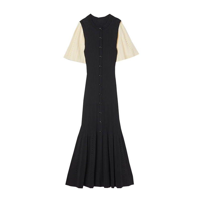 Robe en tricot pour femmes Couleur Patchwork Simple boutonnage à manches courtes O-Neck Hollow Out Robe midi élégante